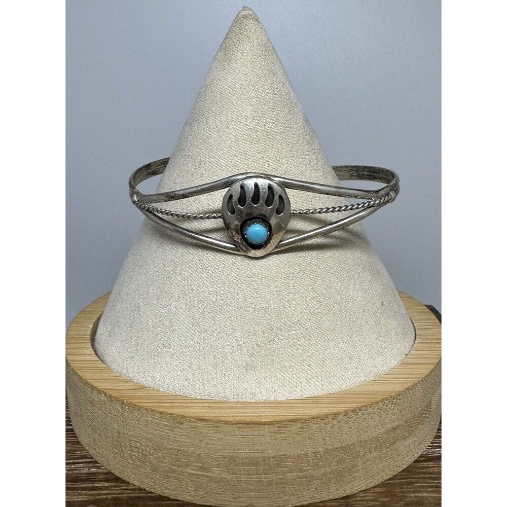 Native American Navajo Janice Spencer Sterling Silver Turquoise Claw Bracelet 6”